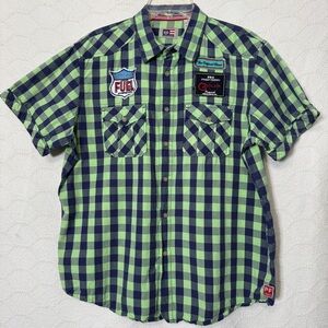 Phat Farm XL Plaid Racing Patch Shirt Neon Green Navy Streetwear 90s Y2K
